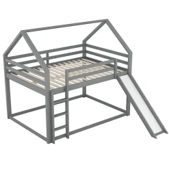 Lit superpose enfant 140x200 cm gris avec toboggan echelle et design cabane pour chambre enfant><noscript><img width=