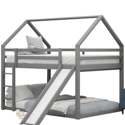 Lit superpose enfant 140x200 cm gris avec toboggan echelle et design cabane pour chambre enfant><noscript><img width=