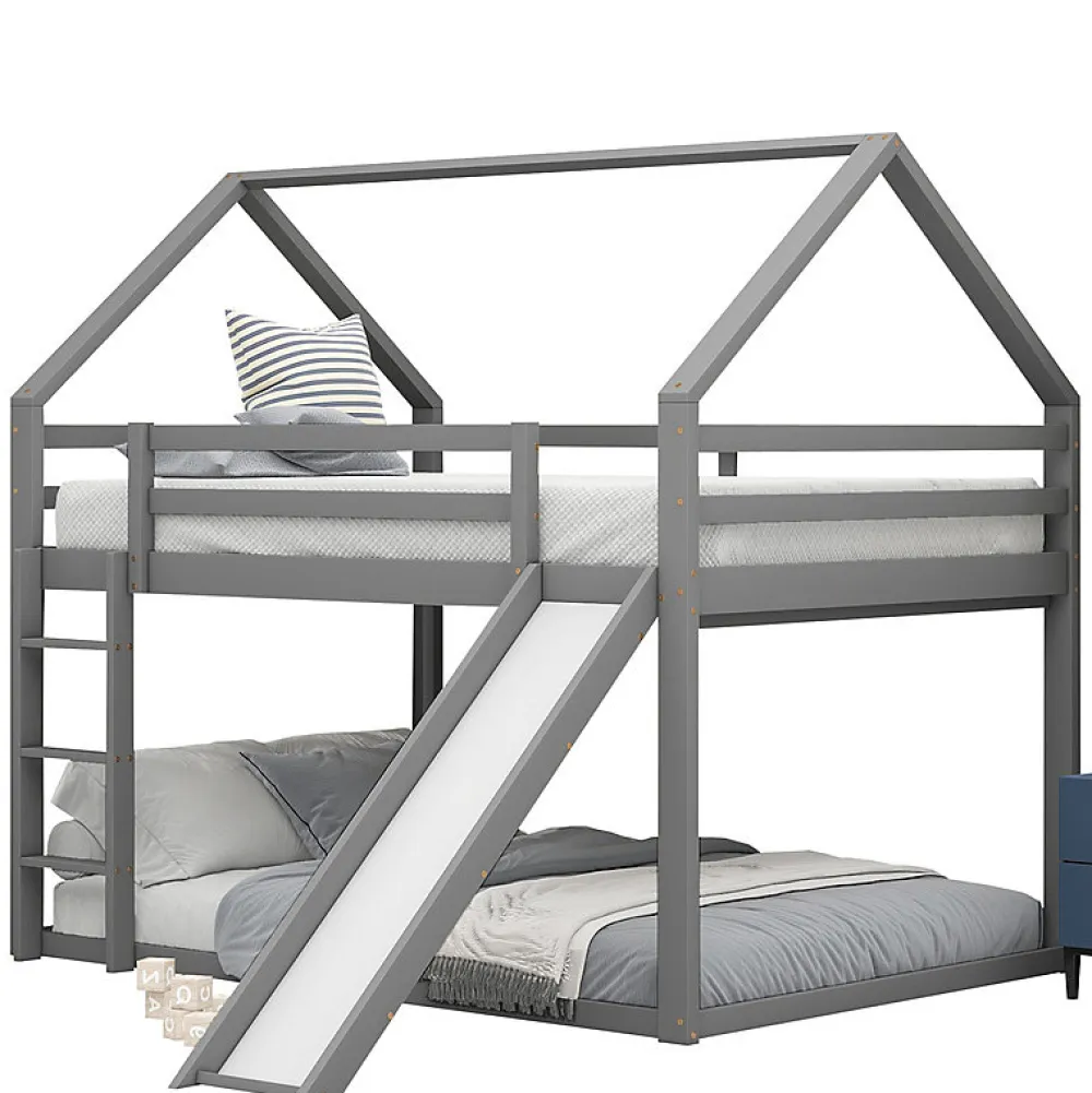 Lit superpose enfant 140x200 cm gris avec toboggan echelle et design cabane pour chambre enfant>Aapaas New