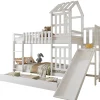 Lit superpose enfant 90x200 grand tiroir roulettes toboggan toit fenetres decoratifs pin MDF contreplaque blanc>Redom Best