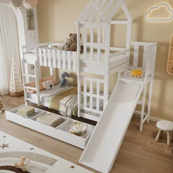 Lit superpose enfant 90x200 grand tiroir roulettes toboggan toit fenetres decoratifs pin MDF contreplaque blanc><noscript><img width=