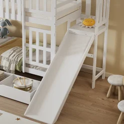 Lit superpose enfant 90x200 grand tiroir roulettes toboggan toit fenetres decoratifs pin MDF contreplaque blanc><noscript><img width=