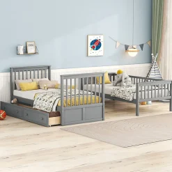Aapaas Lit superpose 90x200 cm gris avec tiroirs et lits convertibles pour chambre enfant*Enfant Lit Enfant