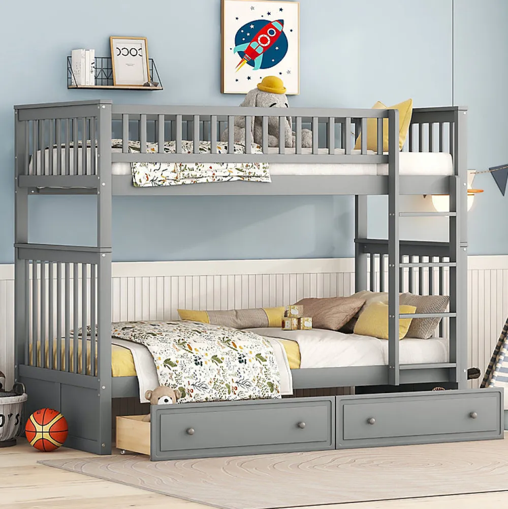 Aapaas Lit superpose 90x200 cm gris avec tiroirs et lits convertibles pour chambre enfant*Enfant Lit Enfant
