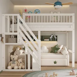 Lit surélevé 90x200 cm bois massif blanc, escalier + armoire intégrée, lit simple pour enfants et ados>ProximaX Clearance