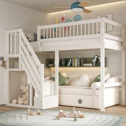 Lit surélevé 90x200 cm bois massif blanc, escalier + armoire intégrée, lit simple pour enfants et ados><noscript><img width=