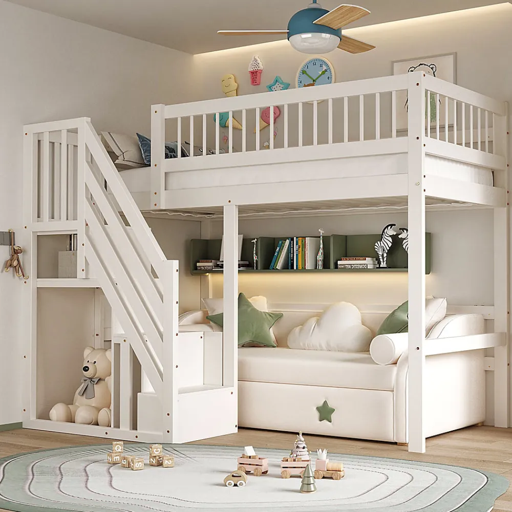 Lit surélevé 90x200 cm bois massif blanc, escalier + armoire intégrée, lit simple pour enfants et ados>ProximaX Clearance