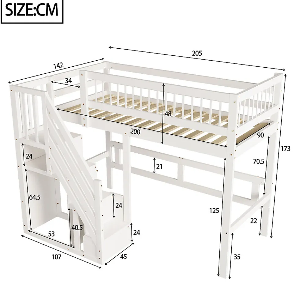 Lit surélevé 90x200 cm bois massif blanc, escalier + armoire intégrée, lit simple pour enfants et ados>ProximaX Clearance