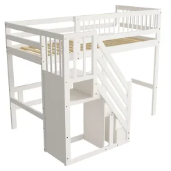 Lit surélevé 90x200 cm bois massif blanc, escalier + armoire intégrée, lit simple pour enfants et ados><noscript><img width=