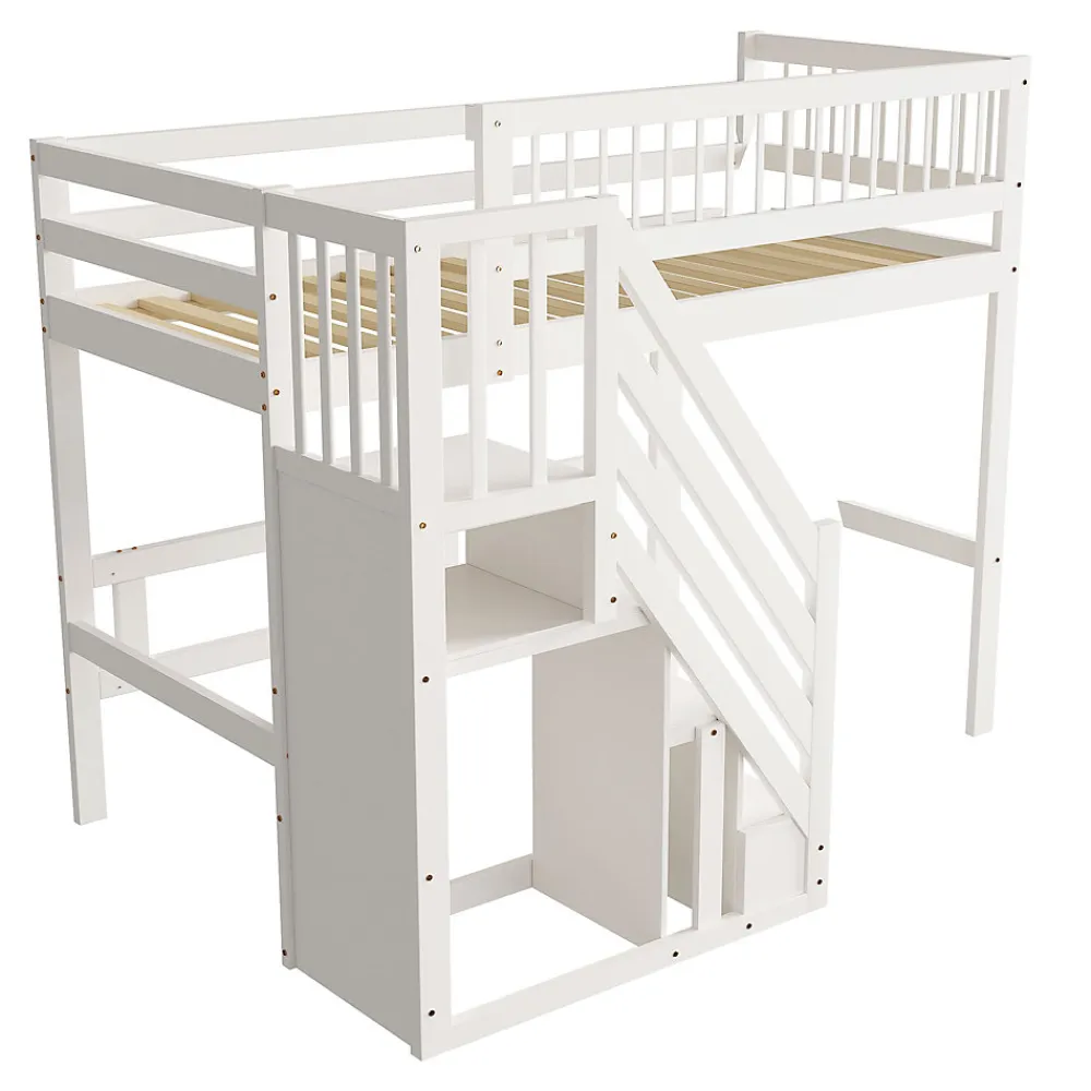 Lit surélevé 90x200 cm bois massif blanc, escalier + armoire intégrée, lit simple pour enfants et ados>ProximaX Clearance