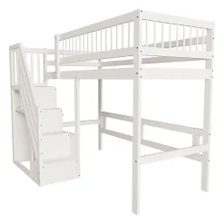 Lit surélevé 90x200 cm bois massif blanc, escalier + armoire intégrée, lit simple pour enfants et ados><noscript><img width=