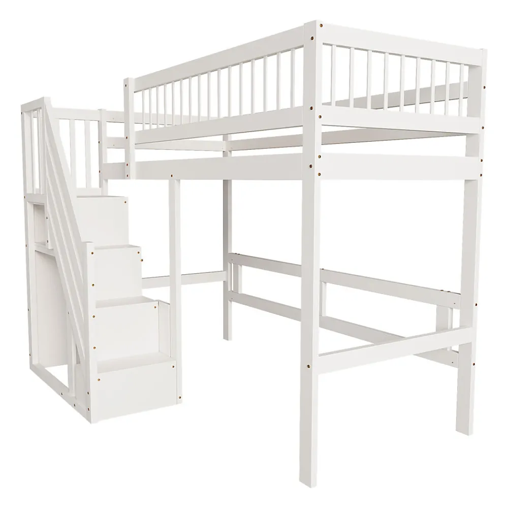 Lit surélevé 90x200 cm bois massif blanc, escalier + armoire intégrée, lit simple pour enfants et ados>ProximaX Clearance
