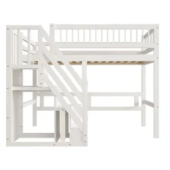 Lit surélevé 90x200 cm bois massif blanc, escalier + armoire intégrée, lit simple pour enfants et ados><noscript><img width=