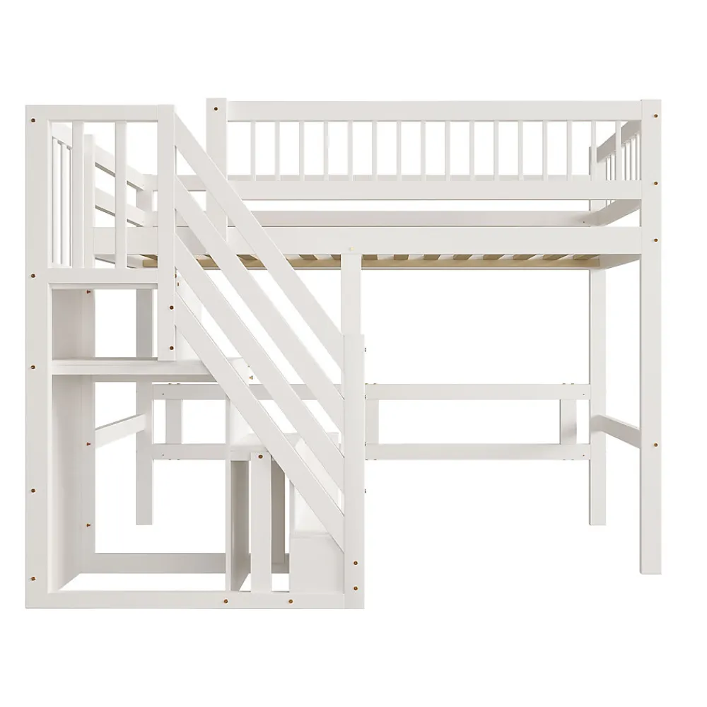 Lit surélevé 90x200 cm bois massif blanc, escalier + armoire intégrée, lit simple pour enfants et ados>ProximaX Clearance