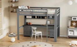Fortuna lai Lit surélevé 90x200cm, avec bureau et grand rangement, Gris*Enfant Lit Enfant
