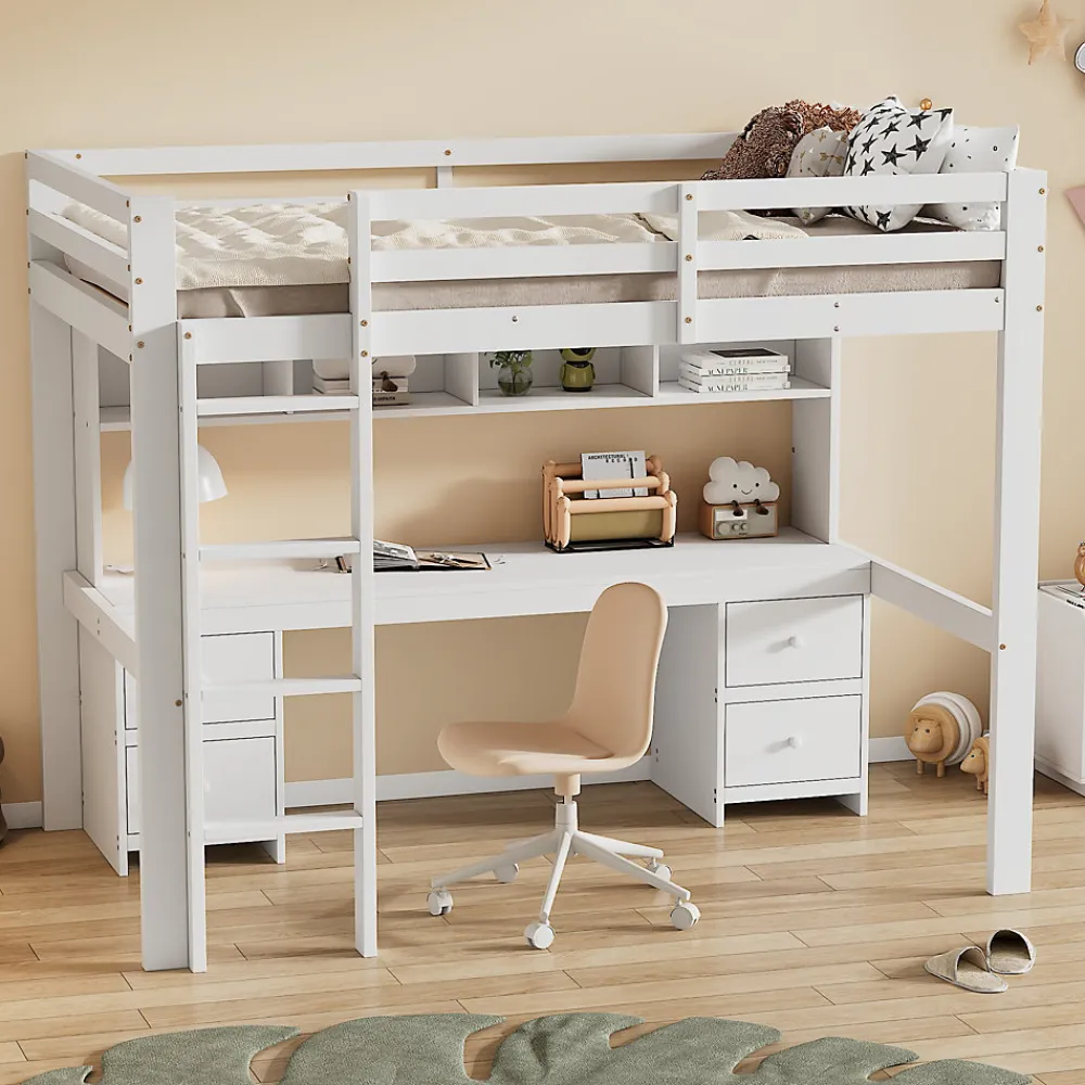 Lit surélevé 90x200cm, avec bureau et grand rangement, Blanc>Fortuna lai Discount