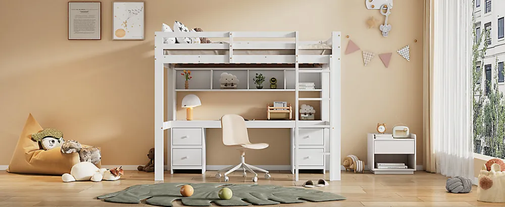 Lit surélevé 90x200cm, avec bureau et grand rangement, Blanc>Fortuna lai Discount