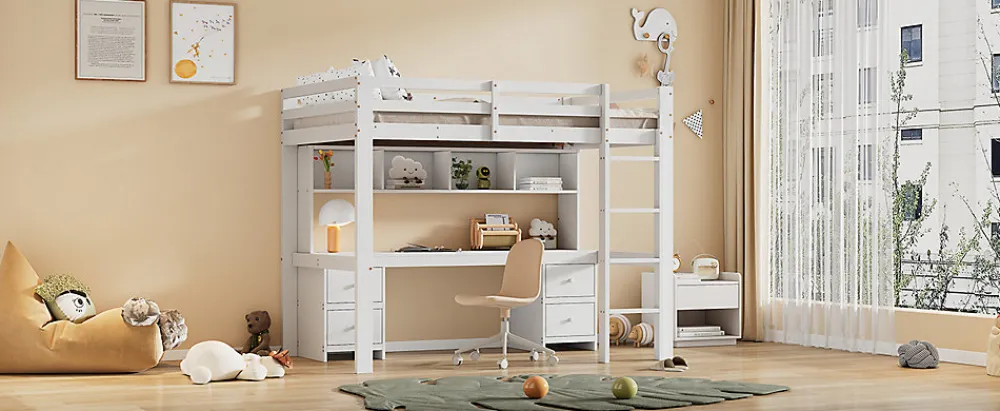 Lit surélevé 90x200cm, avec bureau et grand rangement, Blanc>Fortuna lai Discount