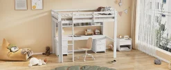 Lit surélevé 90x200cm, avec bureau et grand rangement, Blanc><noscript><img width=