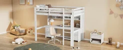 Lit surélevé 90x200cm, avec bureau et grand rangement, Blanc><noscript><img width=