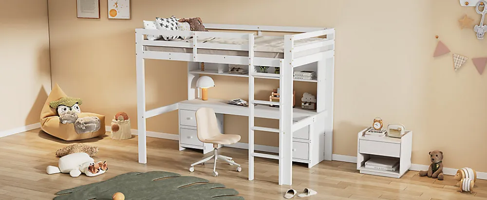 Lit surélevé 90x200cm, avec bureau et grand rangement, Blanc>Fortuna lai Discount