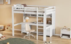 Lit surélevé 90x200cm, avec bureau et grand rangement, Blanc><noscript><img width=