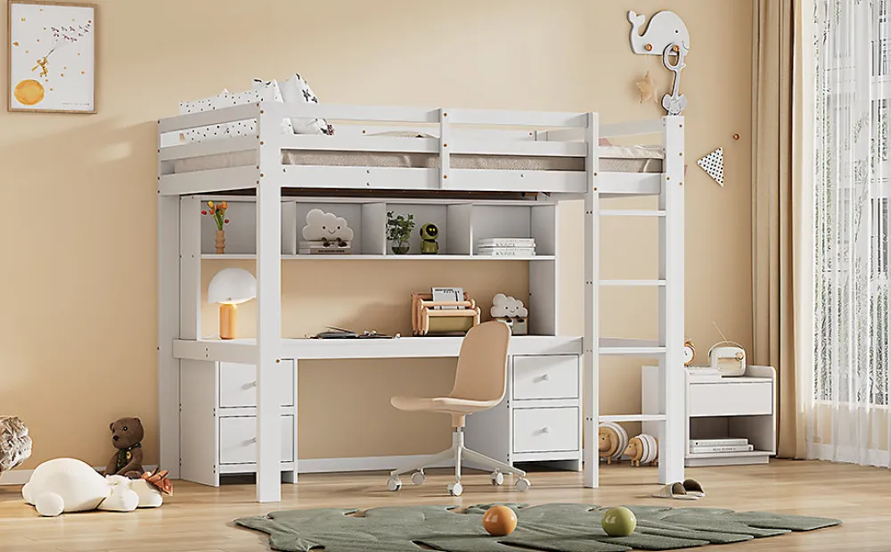 Lit surélevé 90x200cm, avec bureau et grand rangement, Blanc>Fortuna lai Discount