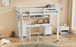 Lit surélevé 90x200cm, avec bureau et grand rangement, Blanc><noscript><img width=