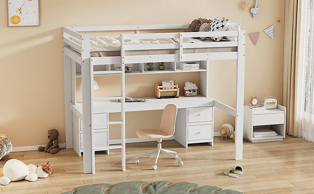 Lit surélevé 90x200cm, avec bureau et grand rangement, Blanc>Fortuna lai Discount