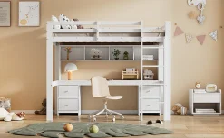 Lit surélevé 90x200cm, avec bureau et grand rangement, Blanc><noscript><img width=