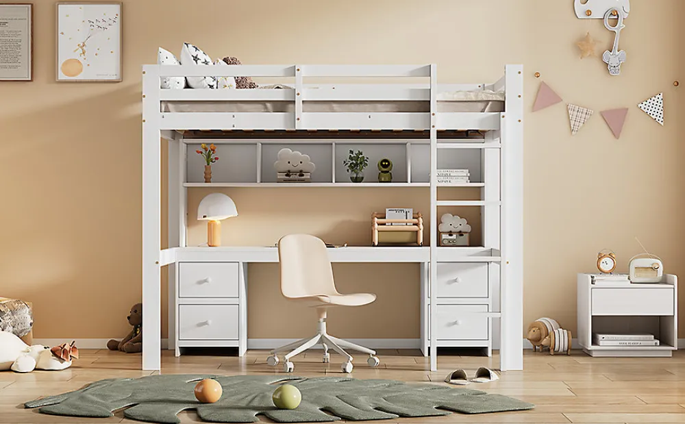 Lit surélevé 90x200cm, avec bureau et grand rangement, Blanc>Fortuna lai Discount