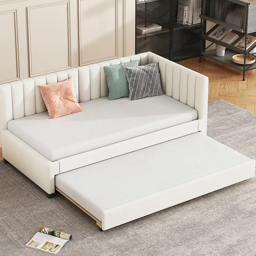 Redom Lit tapissé 90 par 200 cm canapé-lit extensible lit multifonction avec sommier lits invités tissu velours beige* Sommier
