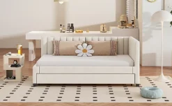 Redom Lit tapissé 90 par 200 cm canapé-lit extensible lit multifonction avec sommier lits invités tissu velours beige* Sommier