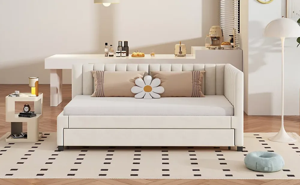 Redom Lit tapissé 90 par 200 cm canapé-lit extensible lit multifonction avec sommier lits invités tissu velours beige* Sommier