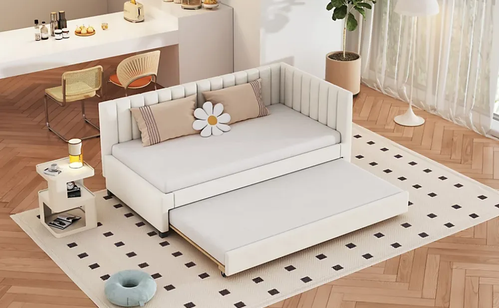 Redom Lit tapissé 90 par 200 cm canapé-lit extensible lit multifonction avec sommier lits invités tissu velours beige* Sommier