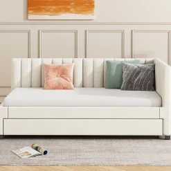 Redom Lit tapissé 90 par 200 cm canapé-lit extensible lit multifonction avec sommier lits invités tissu velours beige* Sommier