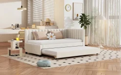 Redom Lit tapissé 90 par 200 cm canapé-lit extensible lit multifonction avec sommier lits invités tissu velours beige* Sommier