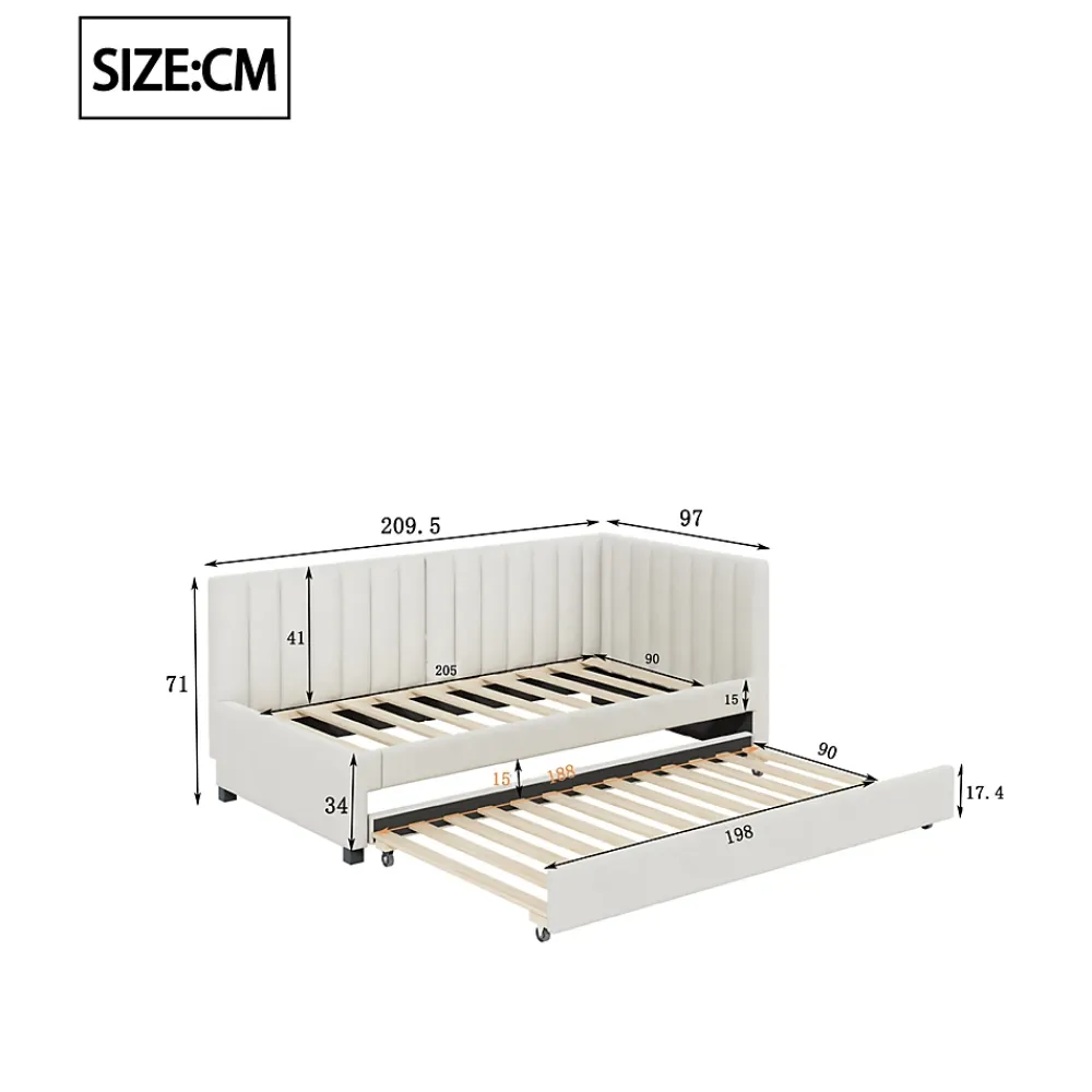 Redom Lit tapissé 90 par 200 cm canapé-lit extensible lit multifonction avec sommier lits invités tissu velours beige* Sommier