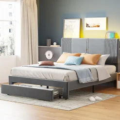 Lit tapissé 140 par 200 cm lit double LED USB dossier tiroir velours gris adultes et adolescents>Redom Sale