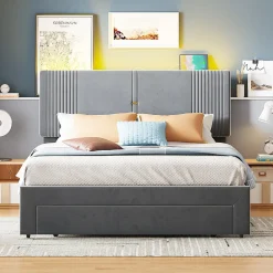 Lit tapissé 140 par 200 cm lit double LED USB dossier tiroir velours gris adultes et adolescents>Redom Sale