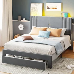 Lit tapissé 140 par 200 cm lit double LED USB dossier tiroir velours gris adultes et adolescents><noscript><img width=