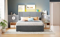 Lit tapissé 140 par 200 cm lit double LED USB dossier tiroir velours gris adultes et adolescents><noscript><img width=