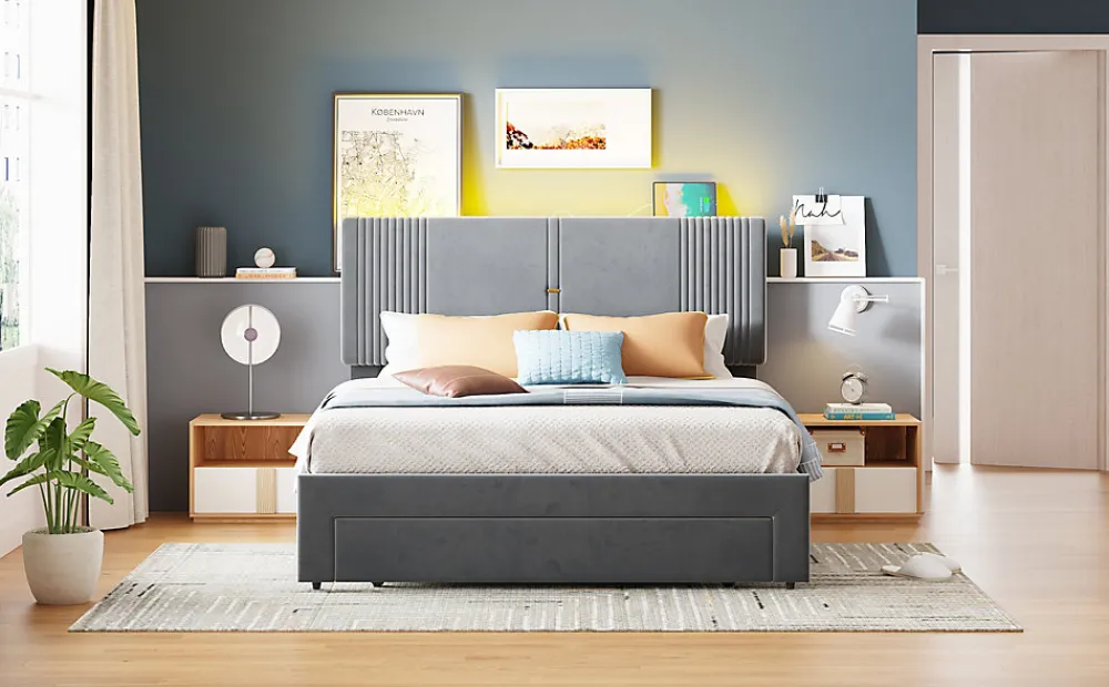 Lit tapissé 140 par 200 cm lit double LED USB dossier tiroir velours gris adultes et adolescents>Redom Sale