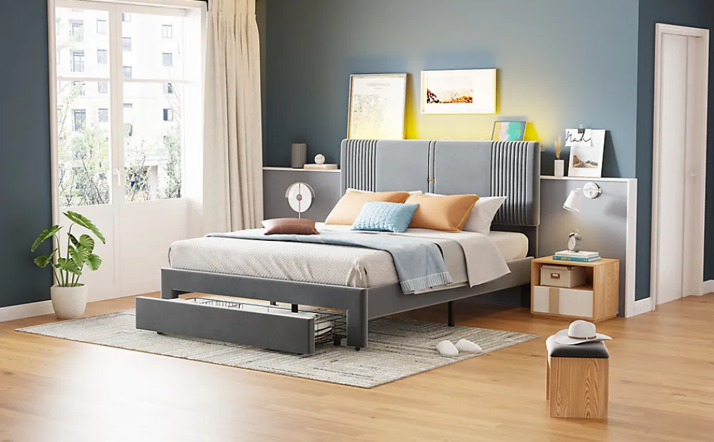 Lit tapissé 140 par 200 cm lit double LED USB dossier tiroir velours gris adultes et adolescents>Redom Sale