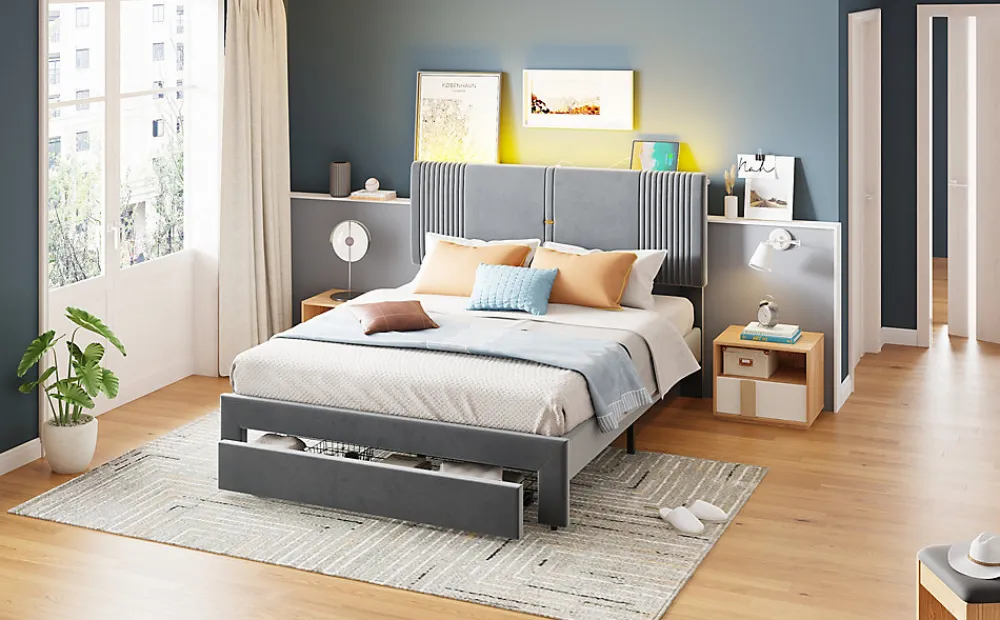 Lit tapissé 140 par 200 cm lit double LED USB dossier tiroir velours gris adultes et adolescents>Redom Sale