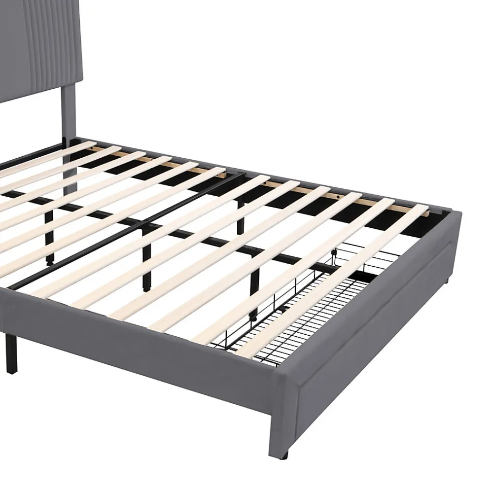 Lit tapissé 140 par 200 cm lit double LED USB dossier tiroir velours gris adultes et adolescents>Redom Sale