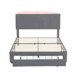 Lit tapissé 140 par 200 cm lit double LED USB dossier tiroir velours gris adultes et adolescents><noscript><img width=