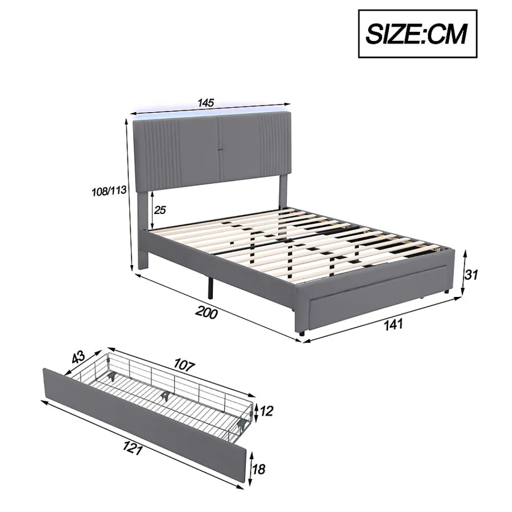 Lit tapissé 140 par 200 cm lit double LED USB dossier tiroir velours gris adultes et adolescents>Redom Sale