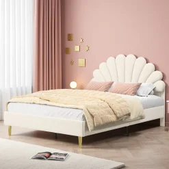 Lit tapissé de velours, 140x200 cm, lit double, lit en forme de pétale, pieds en fer doré, sommier en bois, beige>ProximaX Hot