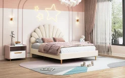 Lit tapissé de velours, 140x200 cm, lit double, lit en forme de pétale, pieds en fer doré, sommier en bois, beige><noscript><img width=